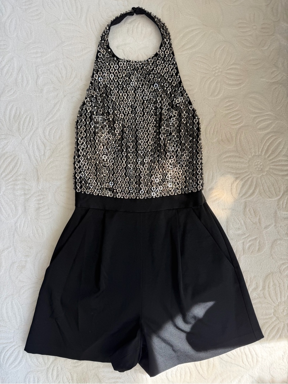 Alice & Olivia Sequin Halter Romper in Black and Silver